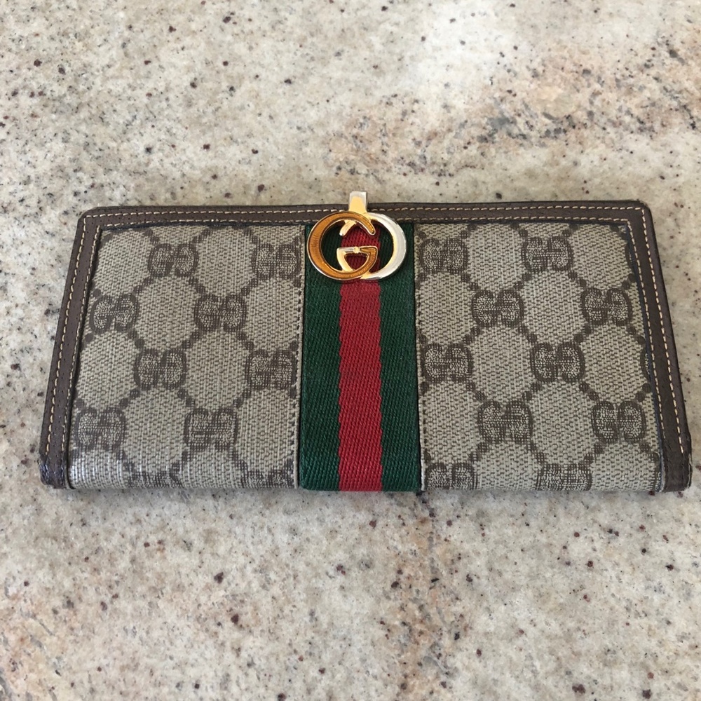 Vintage Gucci Wallet Bi-Fold Brown Leather Trimmed GG Monogram Logo